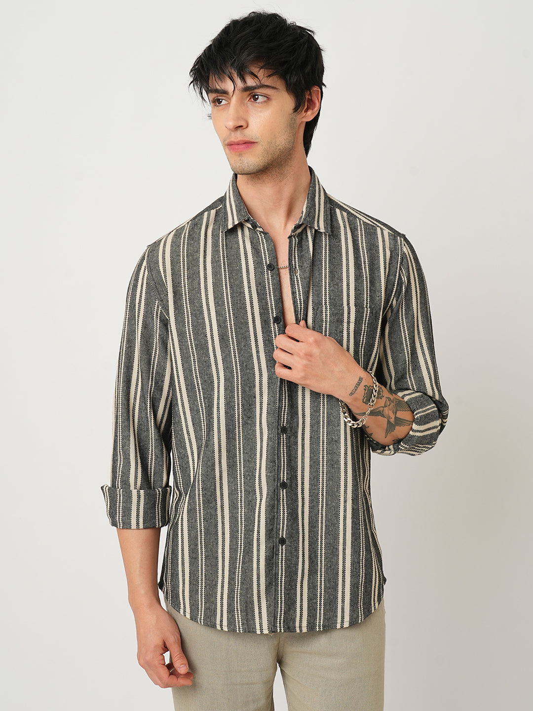 Black & Beige Vertical Striped Shirt