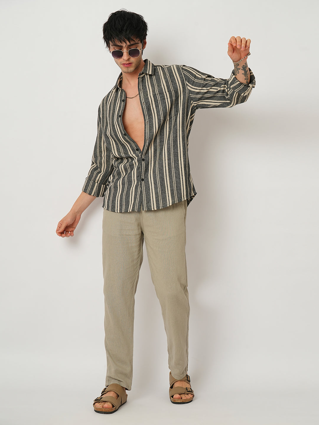 Black & Beige Vertical Striped Shirt