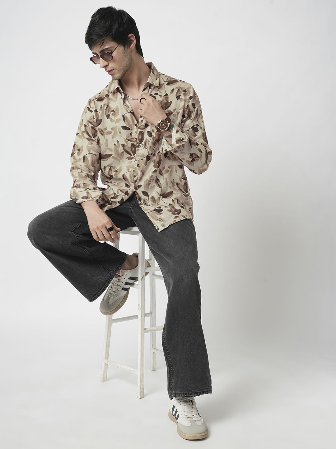 Camel Beige Artistic Floral Printed Linen Shirt