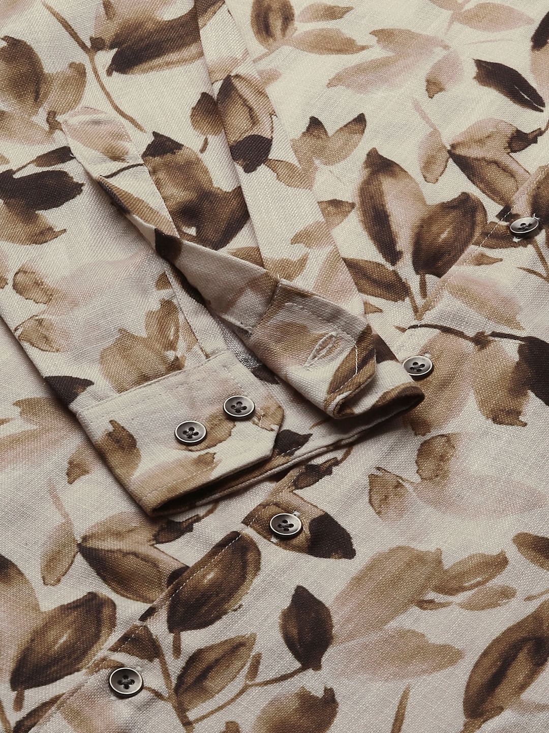 Camel Beige Artistic Floral Printed Linen Shirt