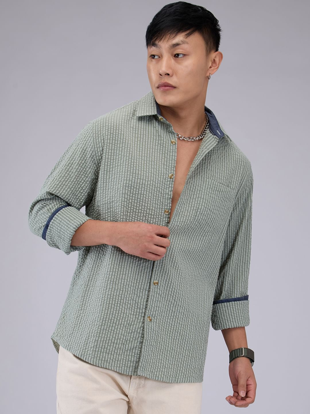 Olive Seersucker Striped Shirt