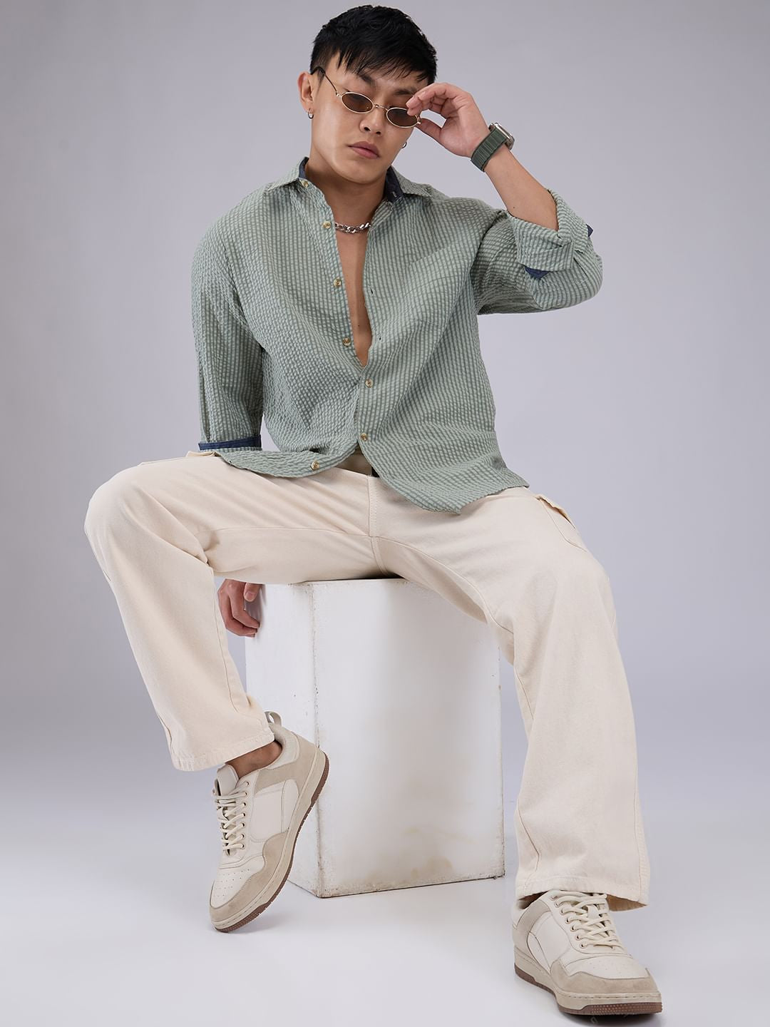 Olive Seersucker Striped Shirt