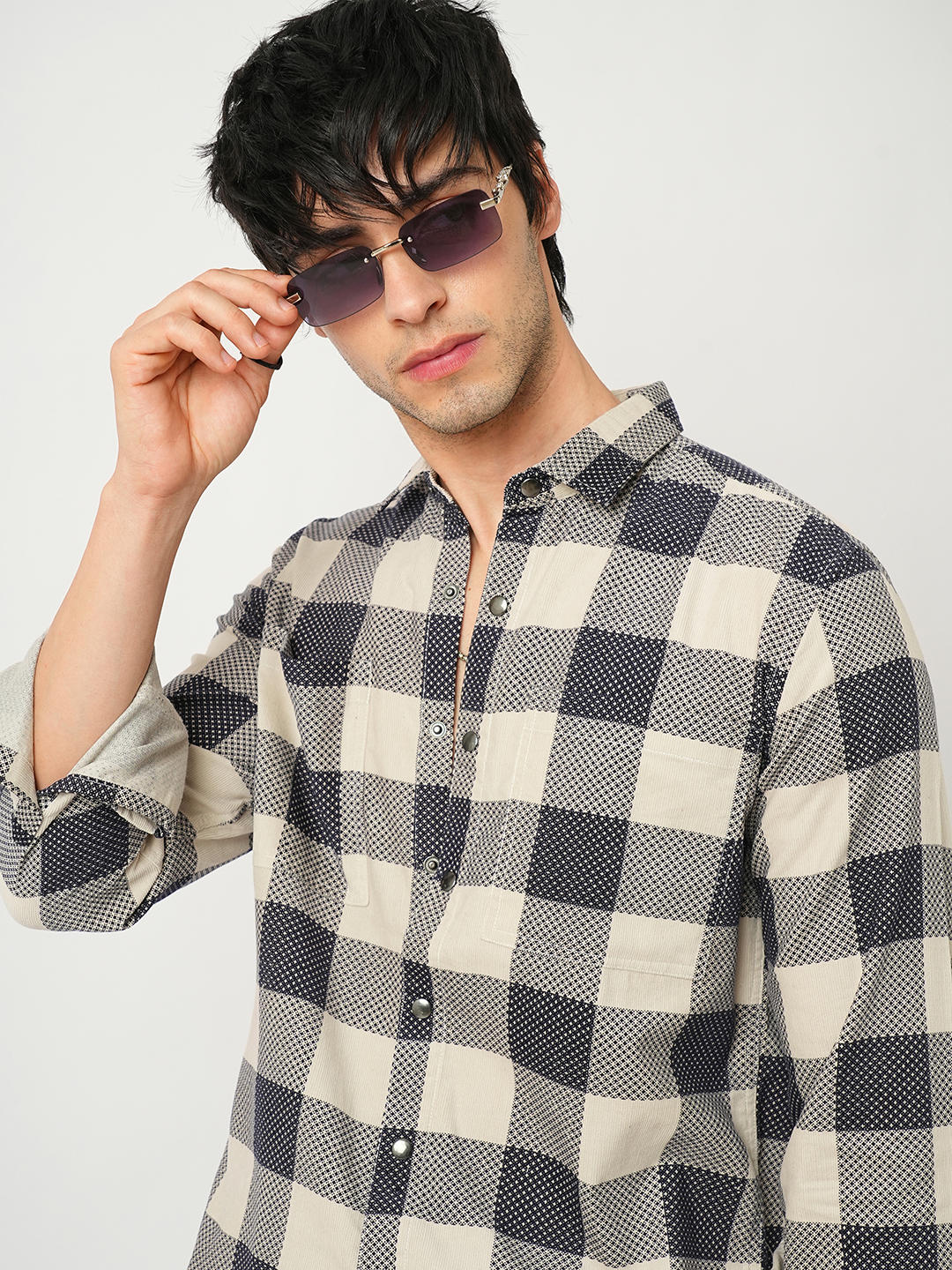 Dappled Bisque & Navy Double Pocket Corduroy Overshirt