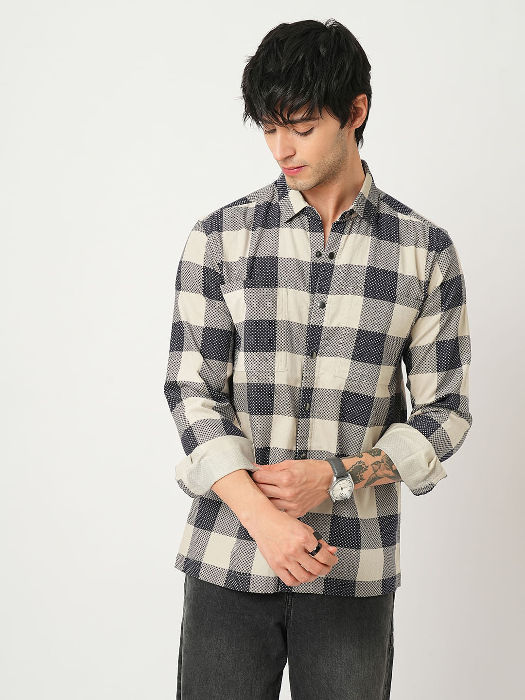 Dappled Bisque & Navy Double Pocket Corduroy Overshirt
