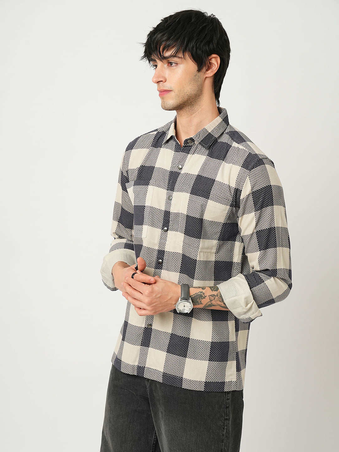 Dappled Bisque & Navy Double Pocket Corduroy Overshirt