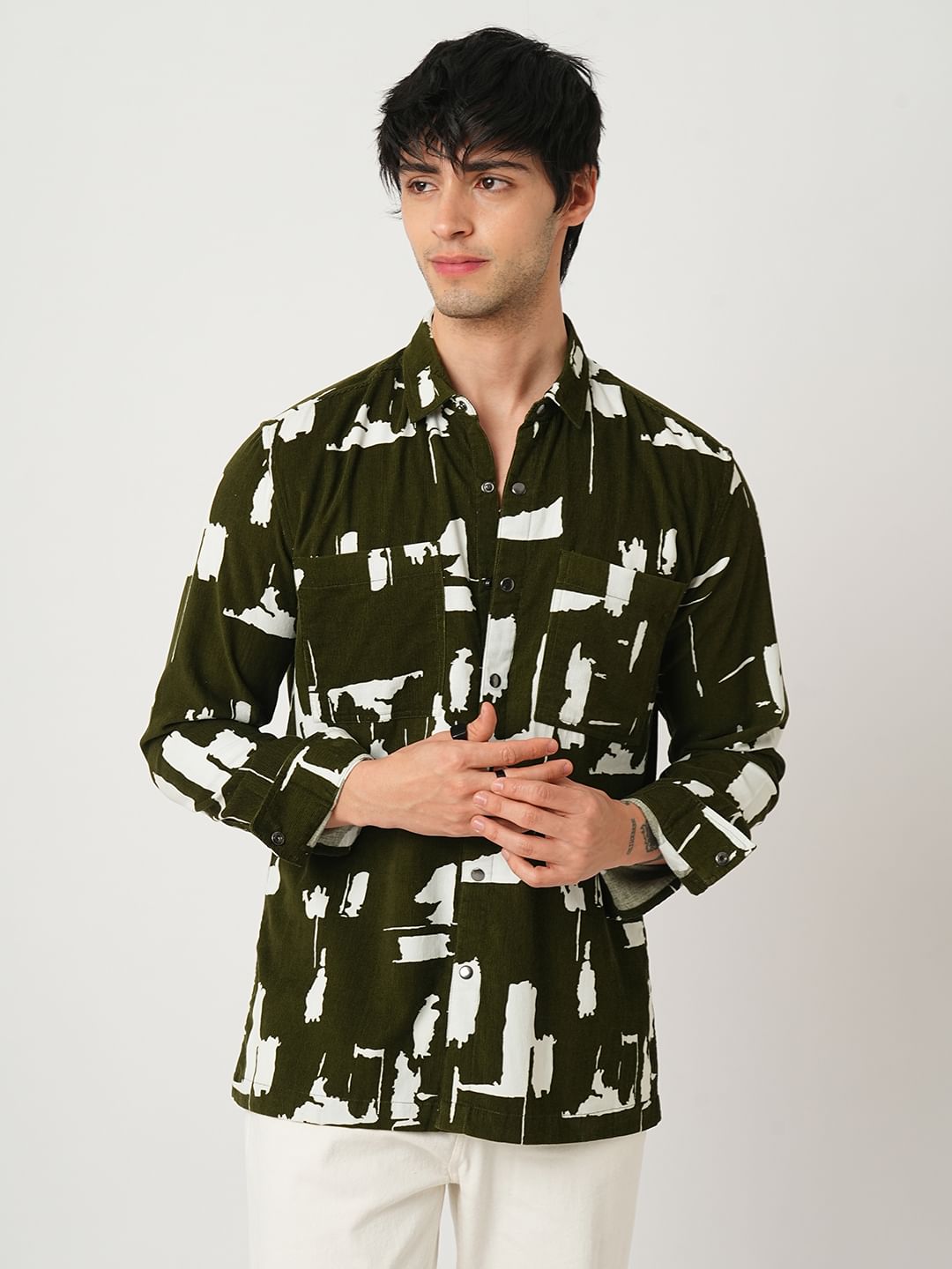 Olive Abstract Printed Double Pocket Corduroy Shirt