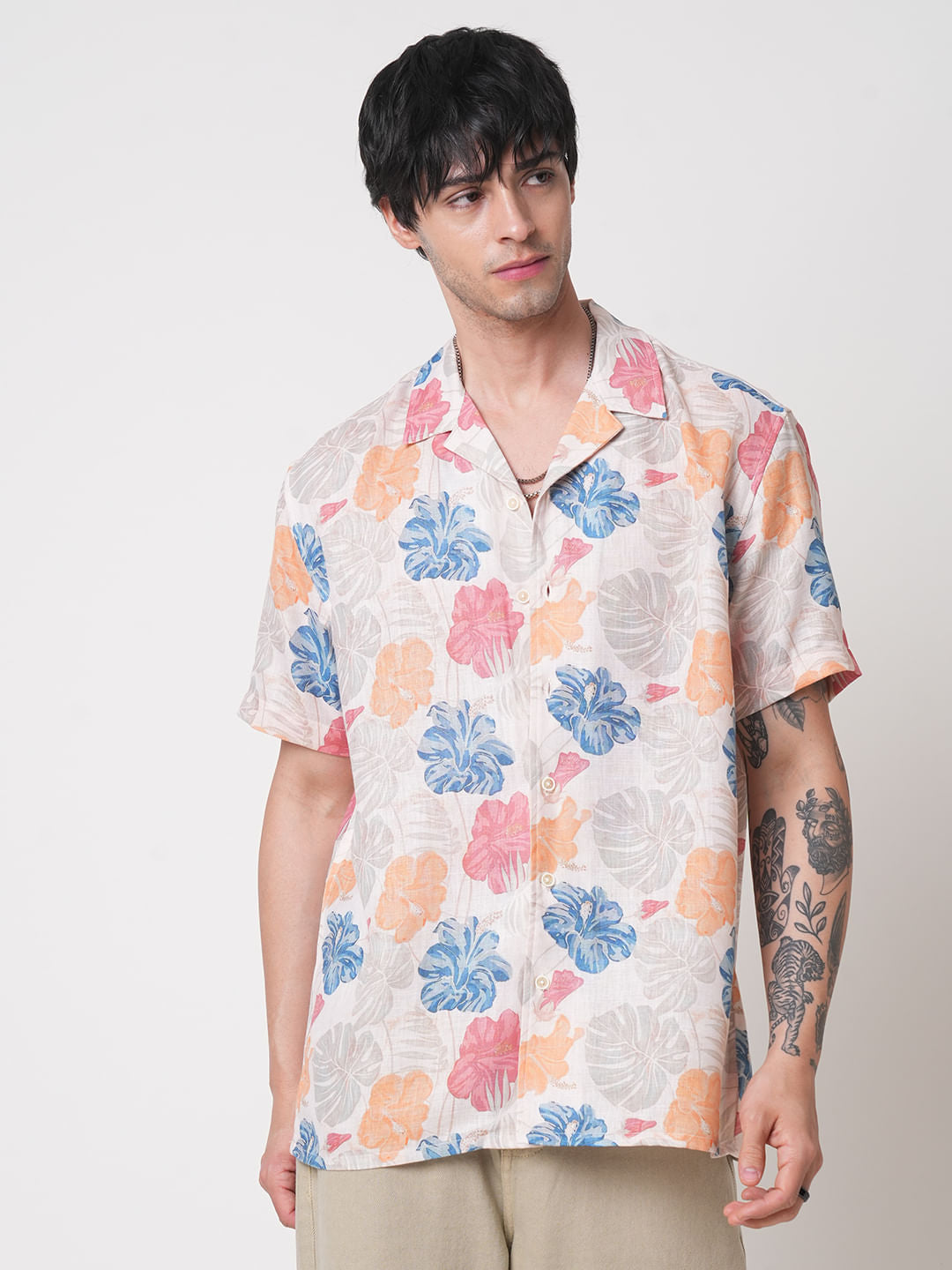 Sublime Artistic Floral Cream Oversized Shirt