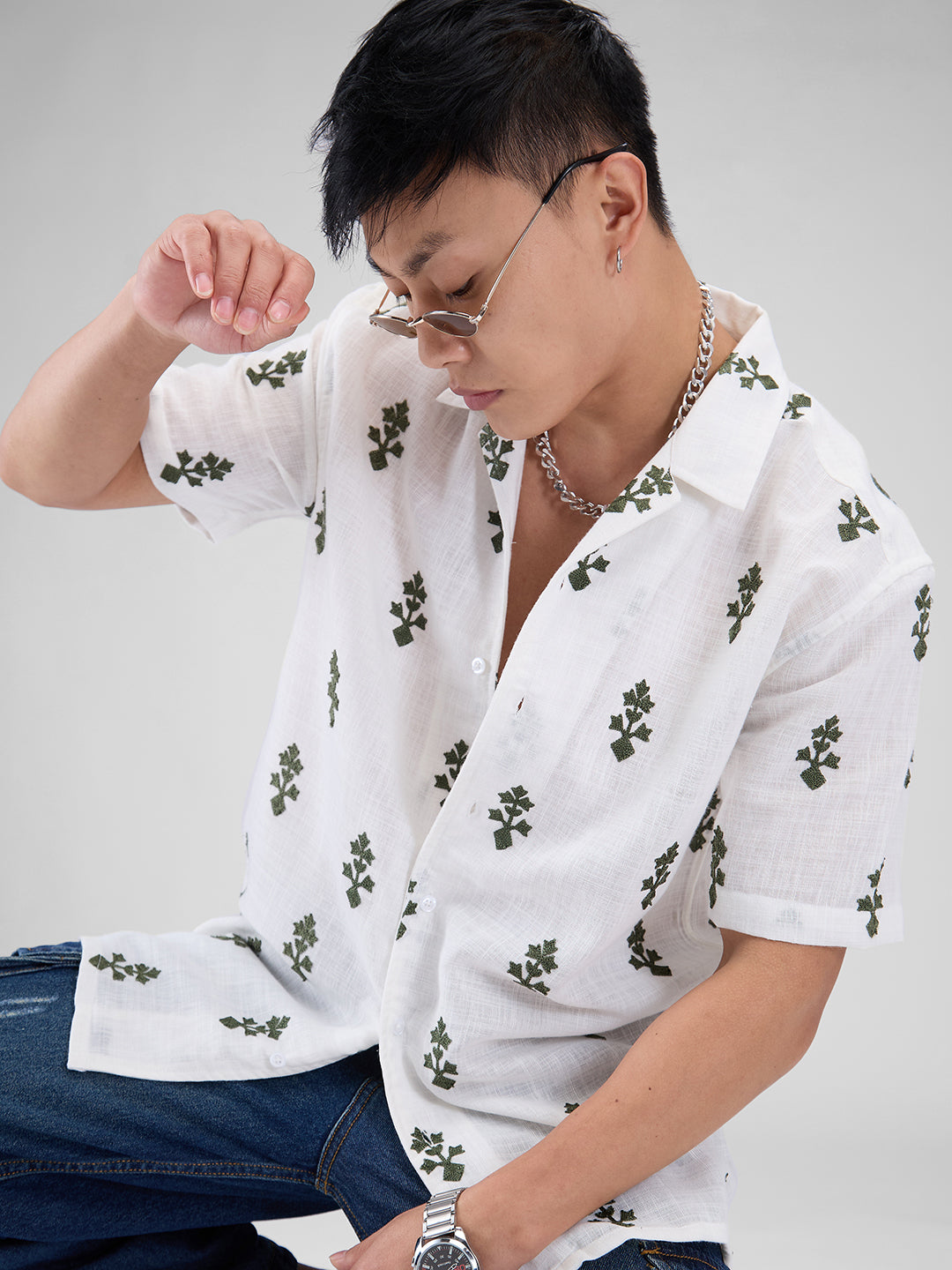 White & Olive Embroidered Notch Collar Oversized Shirt