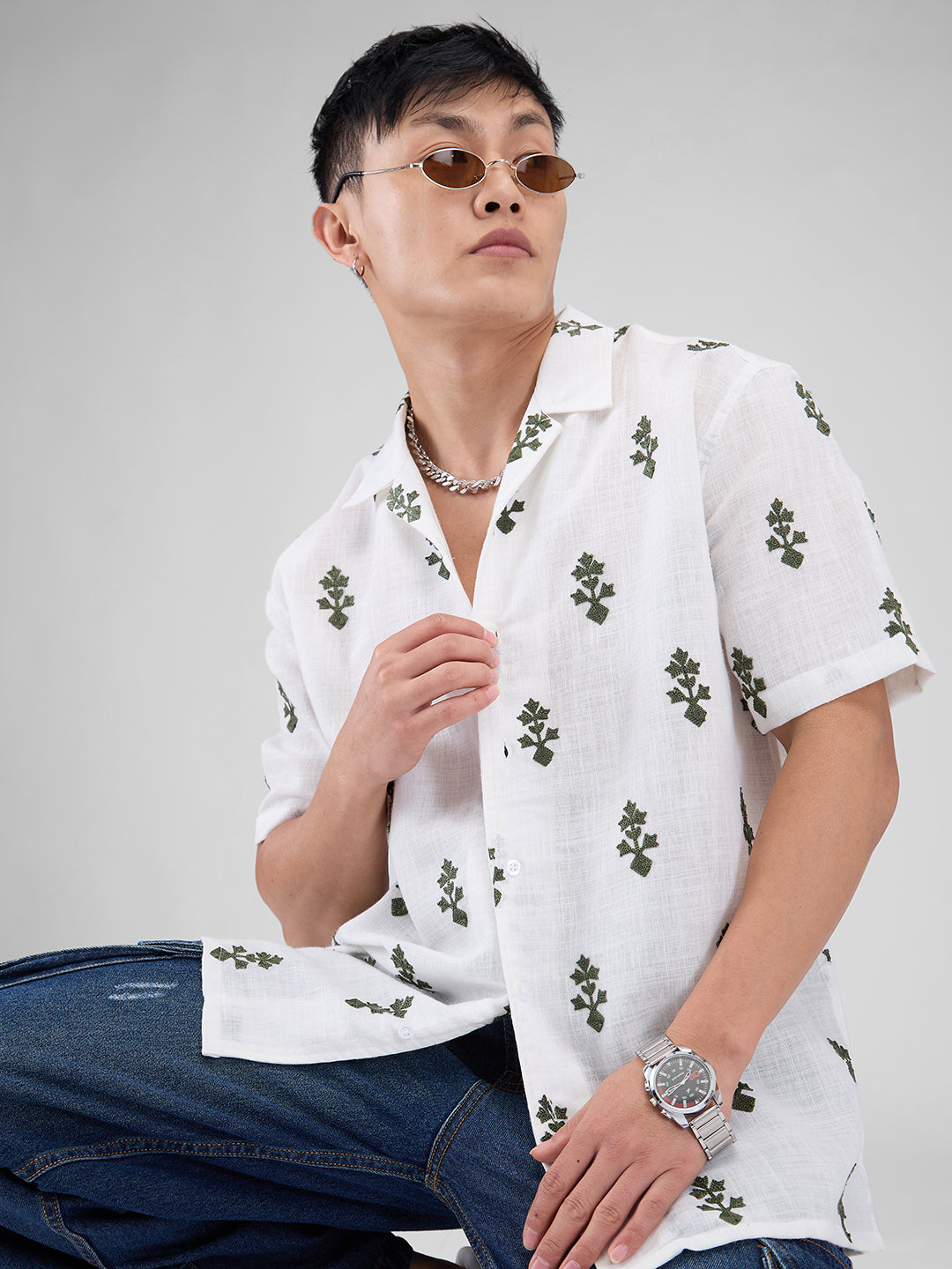 White & Olive Embroidered Notch Collar Oversized Shirt