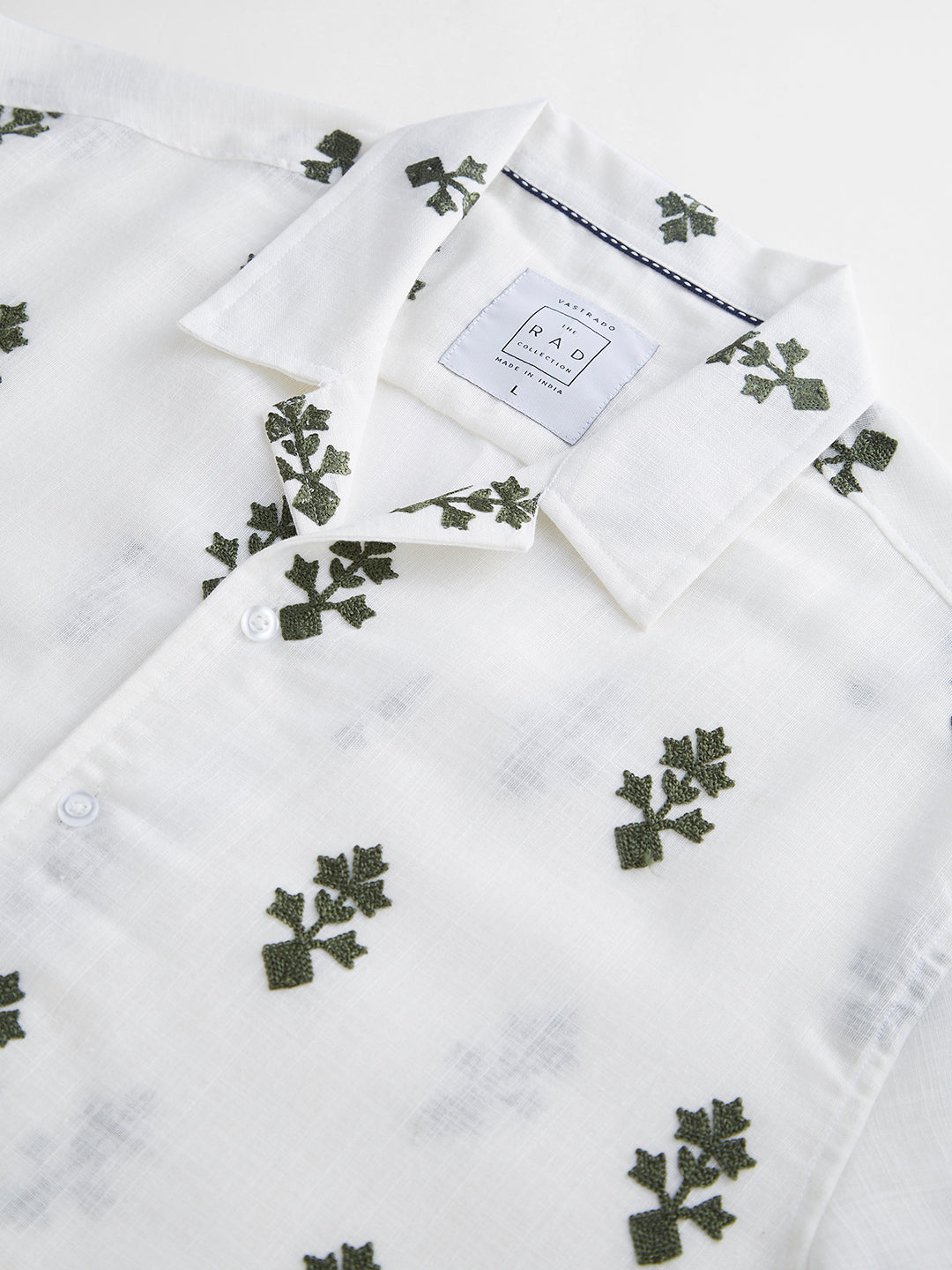 White & Olive Embroidered Notch Collar Oversized Shirt