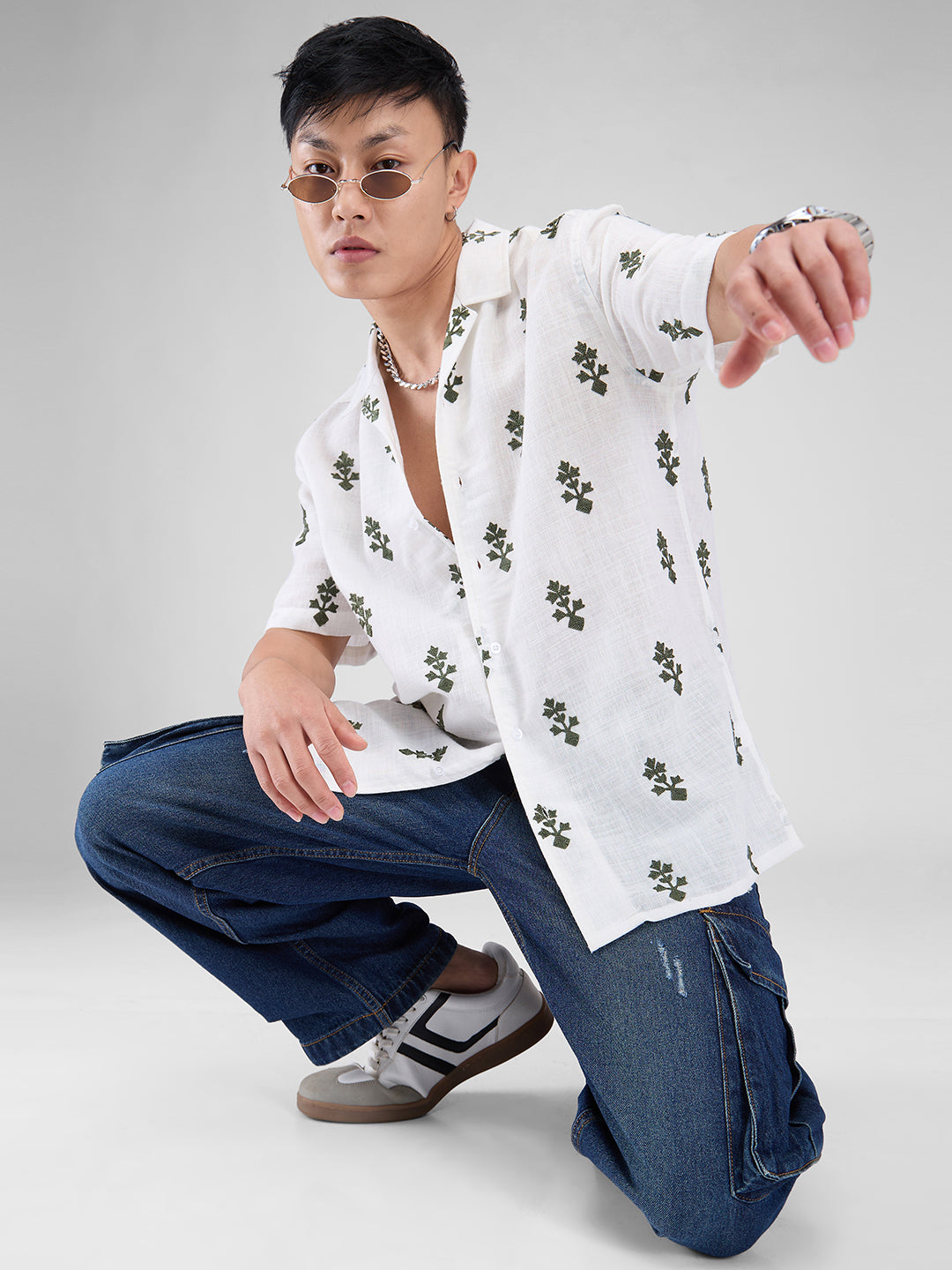 White & Olive Embroidered Notch Collar Oversized Shirt
