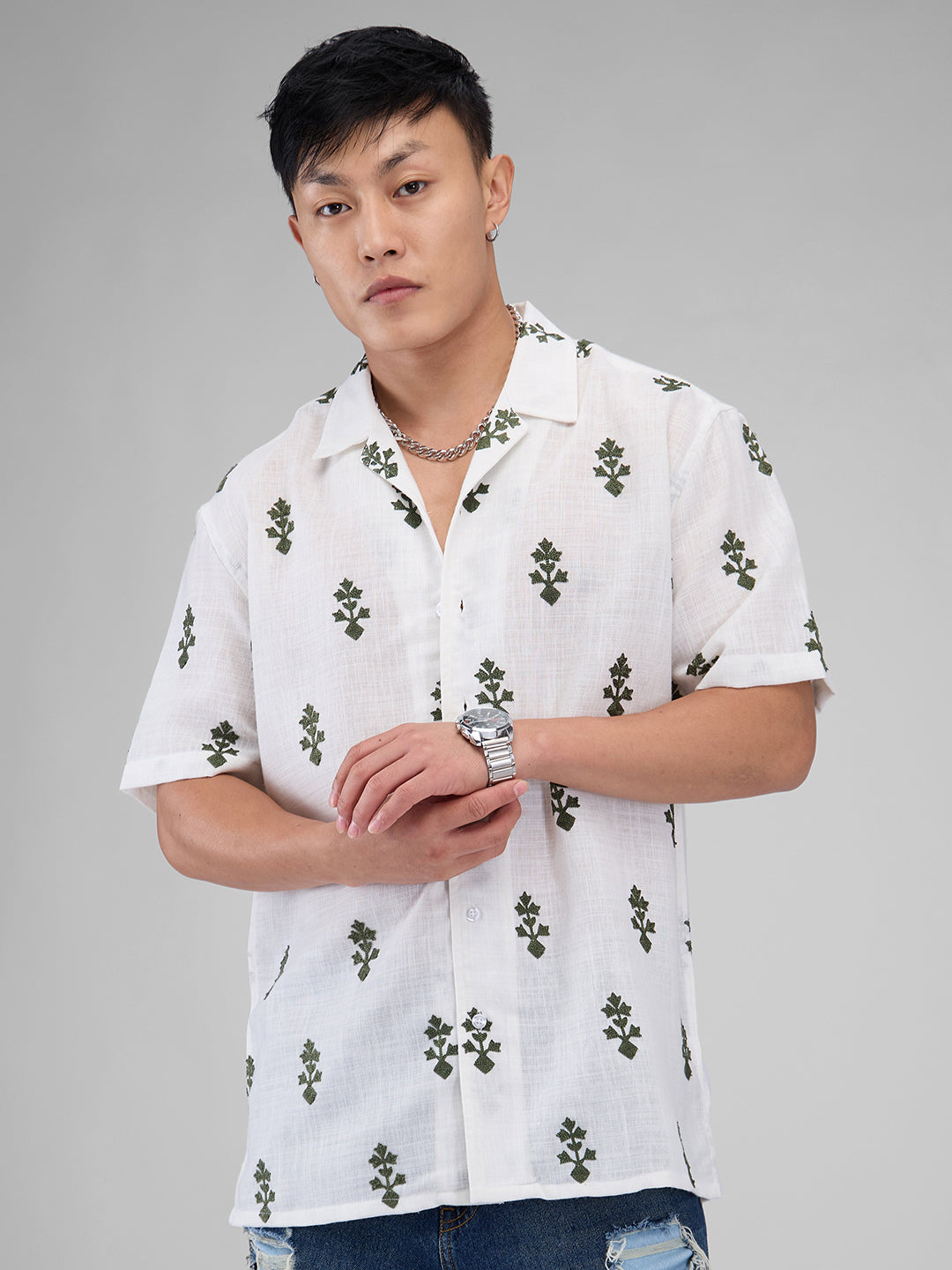 White & Olive Embroidered Notch Collar Oversized Shirt