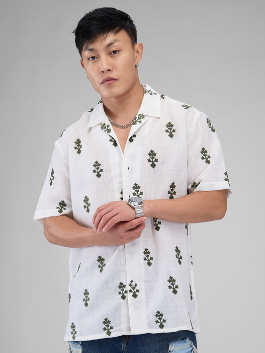 White & Olive Embroidered Notch Collar Oversized Shirt