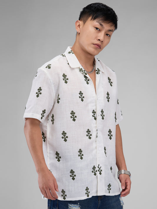 White & Olive Embroidered Notch Collar Oversized Shirt