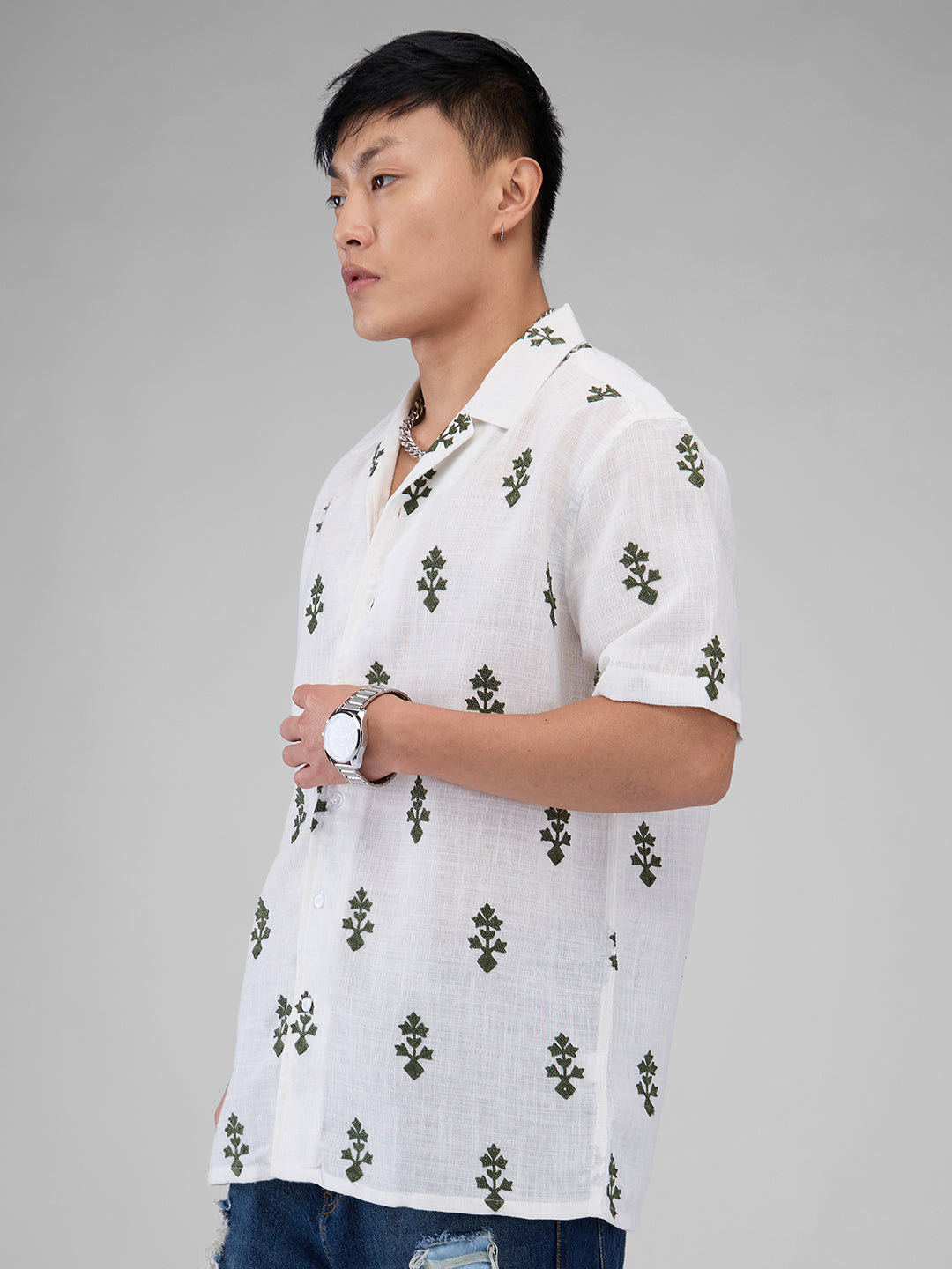 White & Olive Embroidered Notch Collar Oversized Shirt