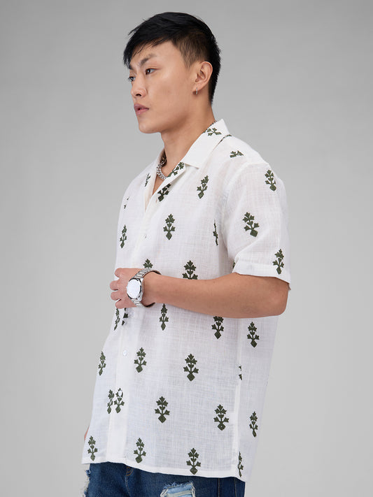 White & Olive Embroidered Notch Collar Oversized Shirt