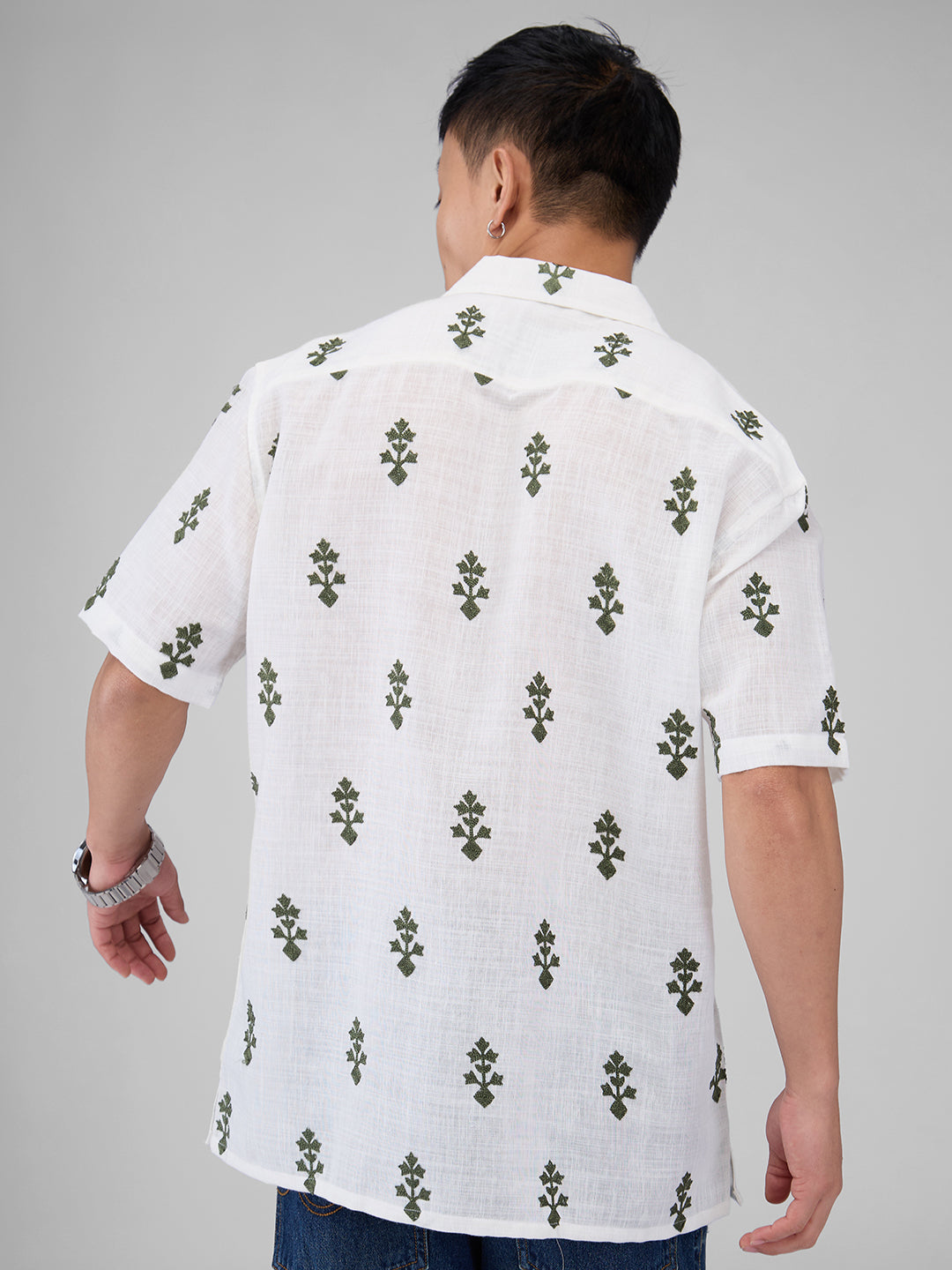 White & Olive Embroidered Notch Collar Oversized Shirt