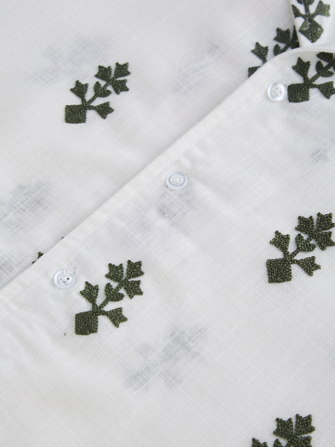 White & Olive Embroidered Notch Collar Oversized Shirt