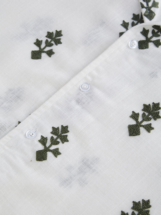 White & Olive Embroidered Notch Collar Oversized Shirt