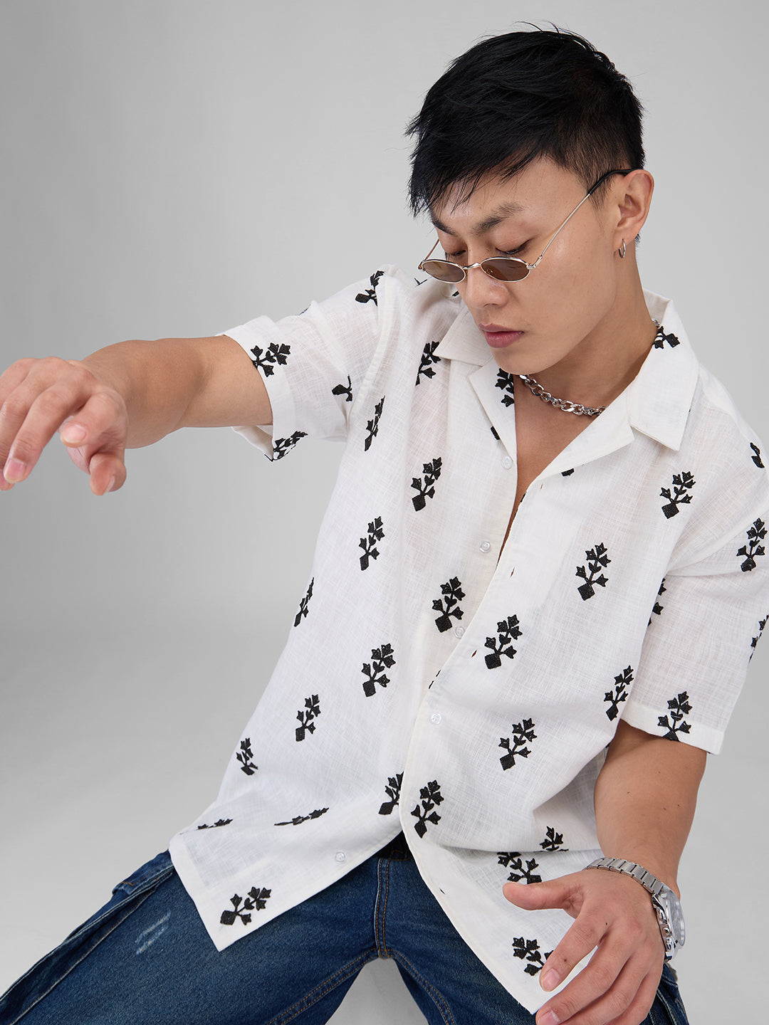 White & Black Motifs Embroidered Notch Collar Oversized Shirt