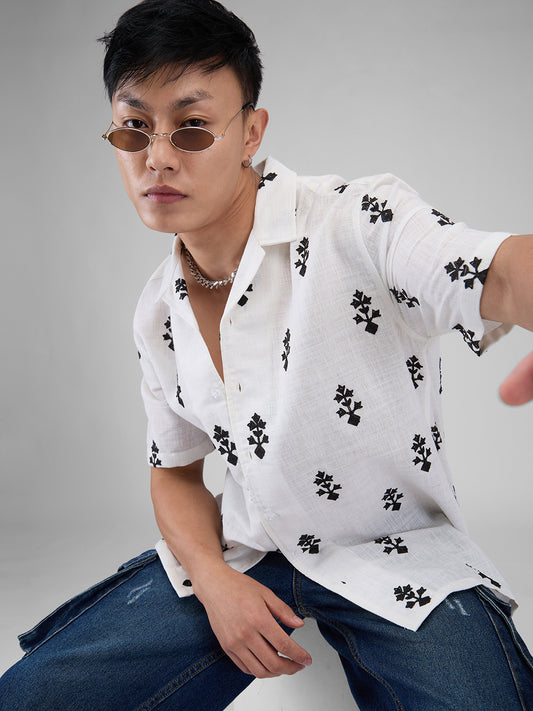 White & Black Motifs Embroidered Notch Collar Oversized Shirt