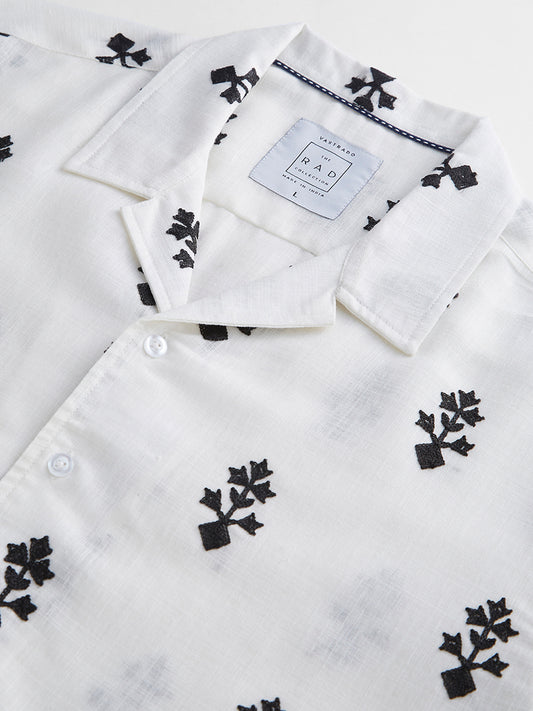 White & Black Motifs Embroidered Notch Collar Oversized Shirt