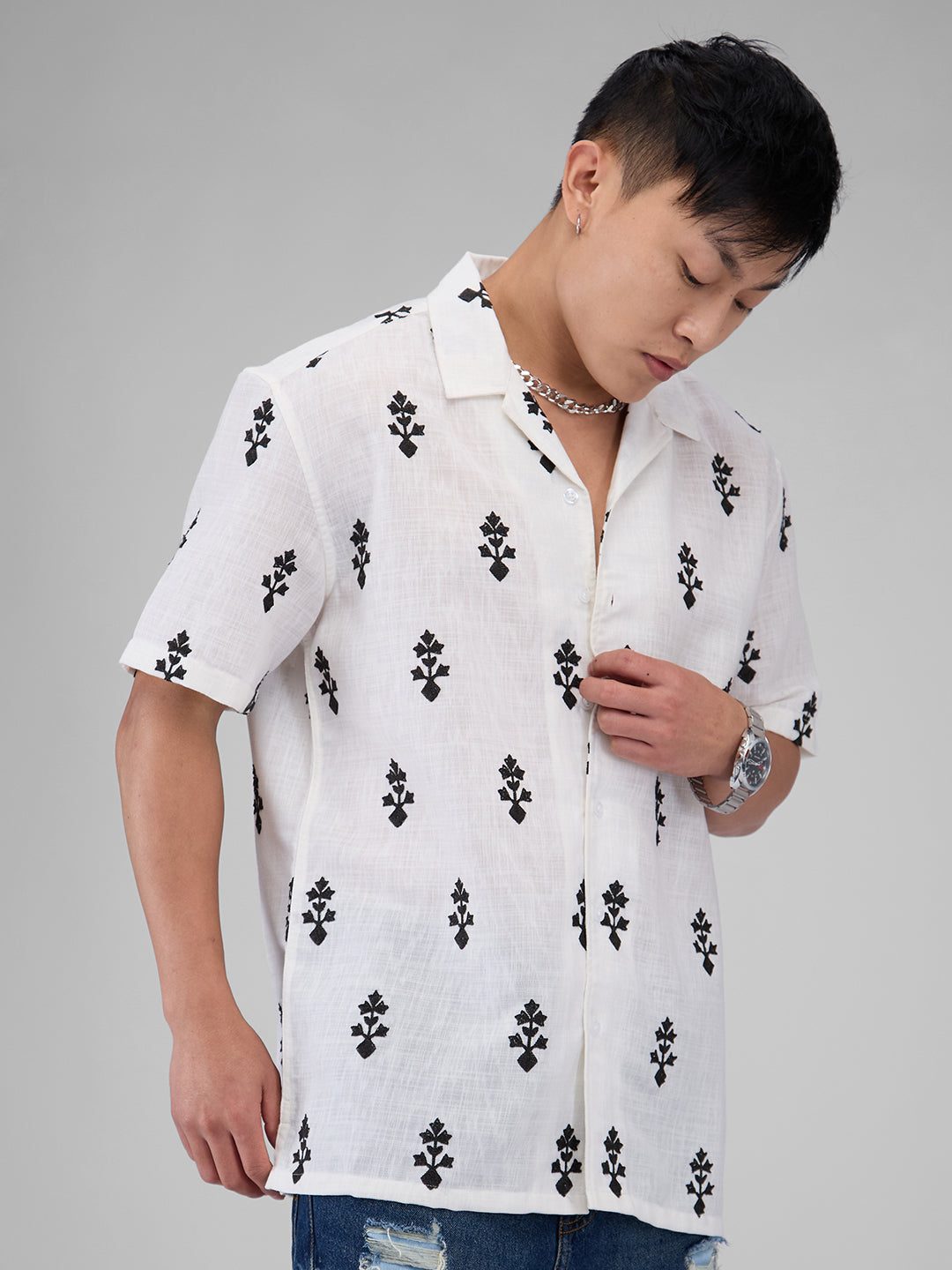 White & Black Motifs Embroidered Notch Collar Oversized Shirt