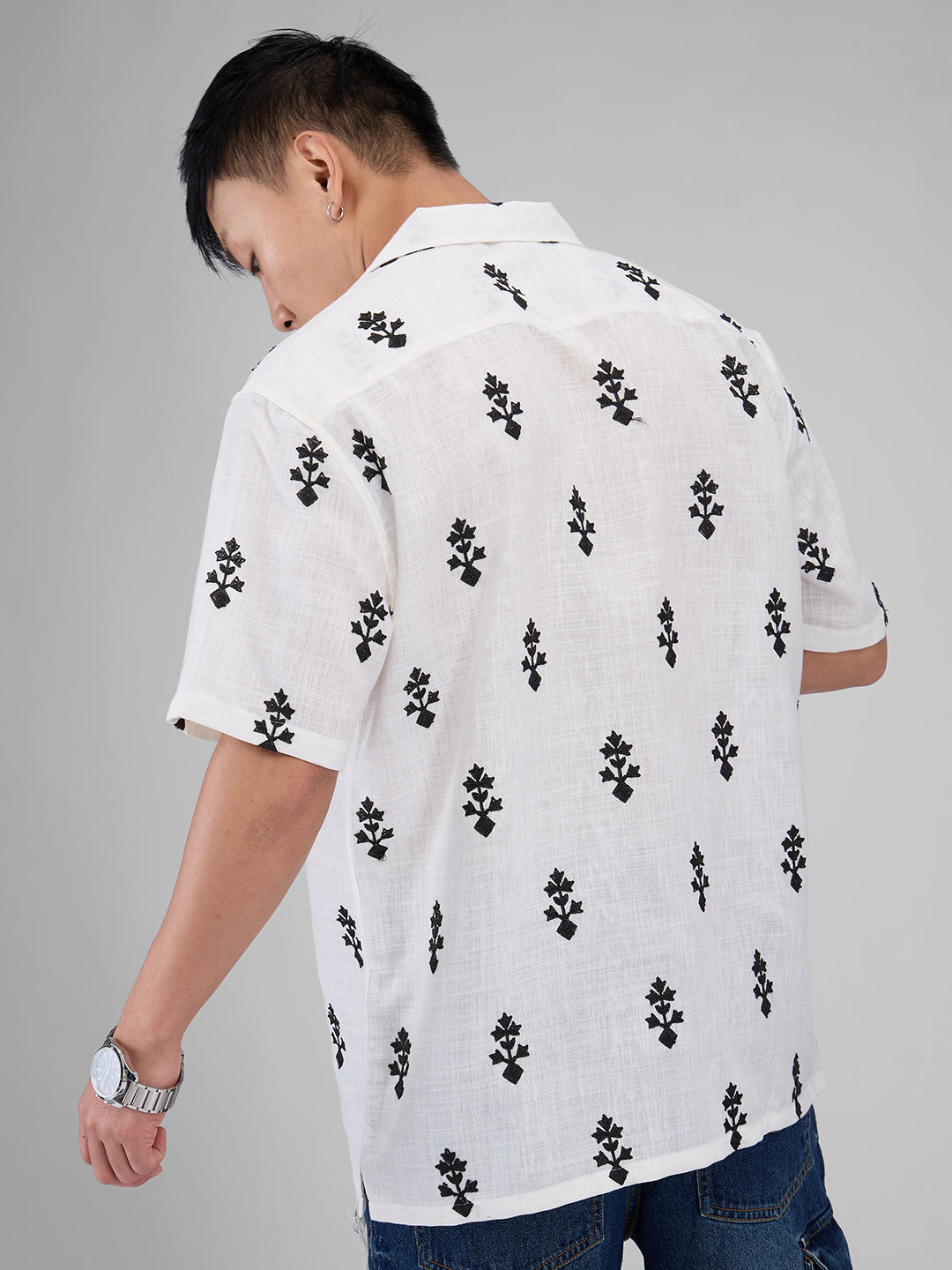 White & Black Motifs Embroidered Notch Collar Oversized Shirt