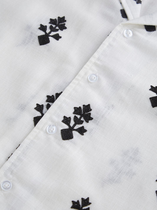 White & Black Motifs Embroidered Notch Collar Oversized Shirt