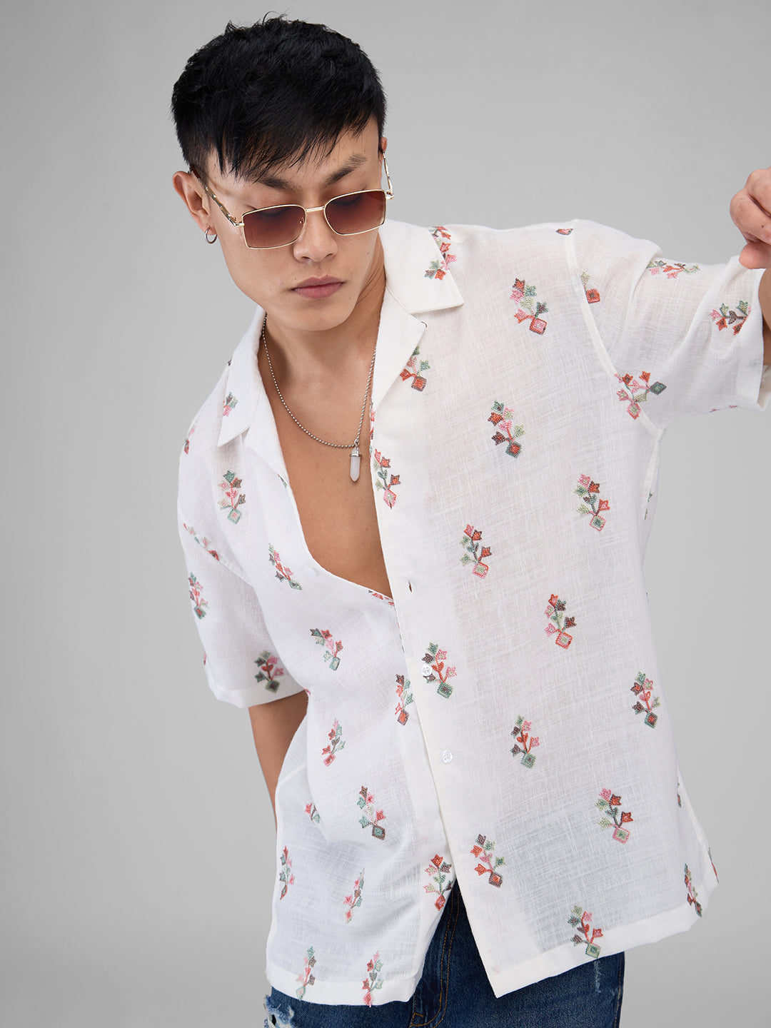 White Embroidered Notch Collar Oversized Shirt
