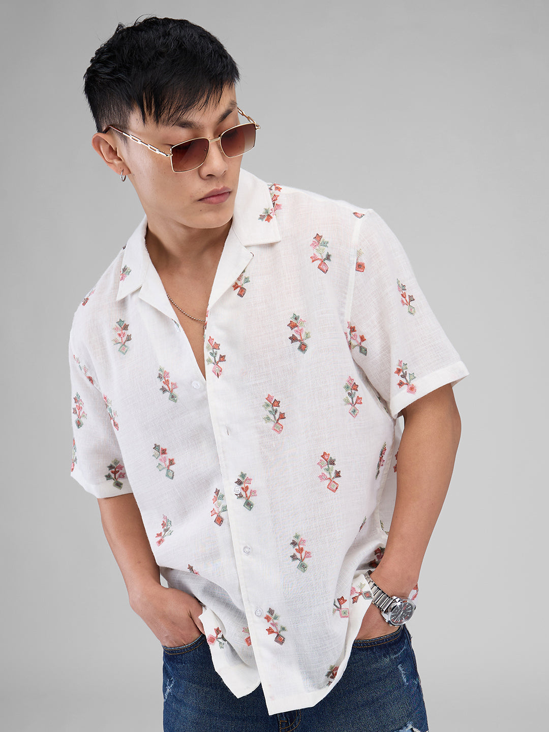 White Embroidered Notch Collar Oversized Shirt