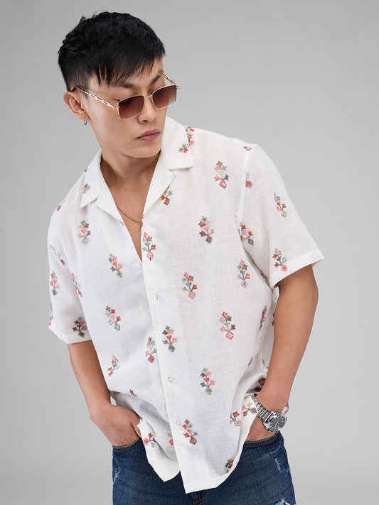 White Embroidered Notch Collar Oversized Shirt