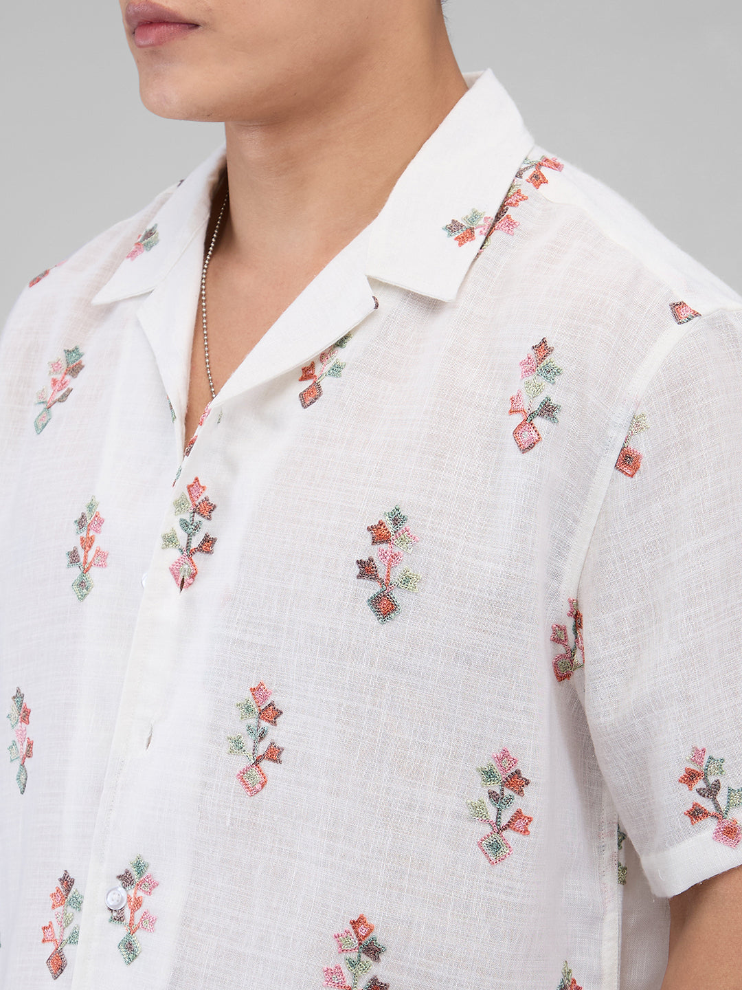White Embroidered Notch Collar Oversized Shirt