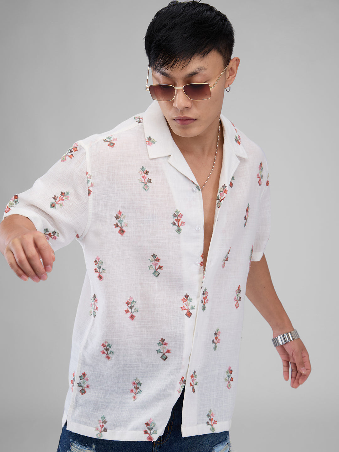 White Embroidered Notch Collar Oversized Shirt