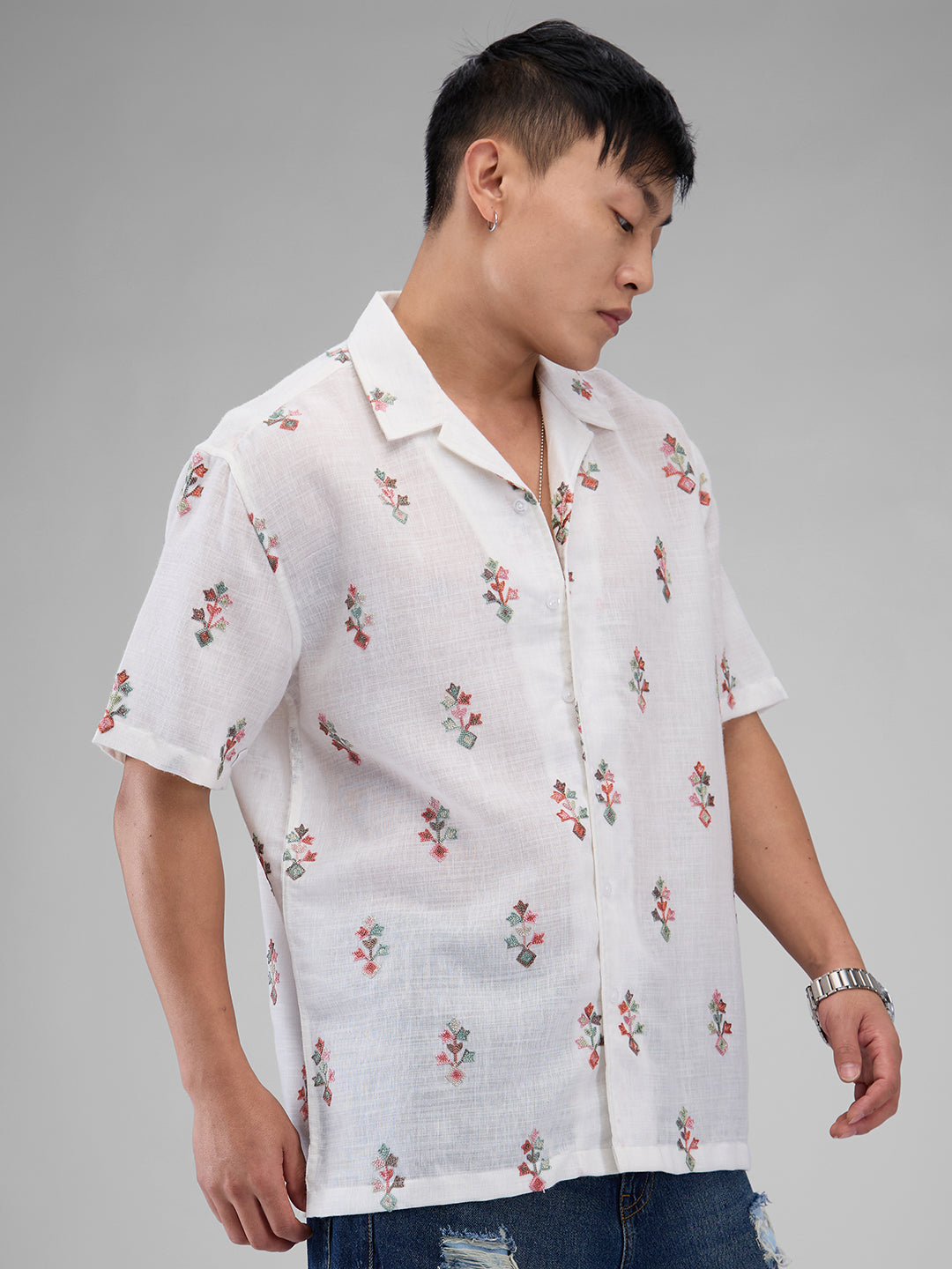 White Embroidered Notch Collar Oversized Shirt