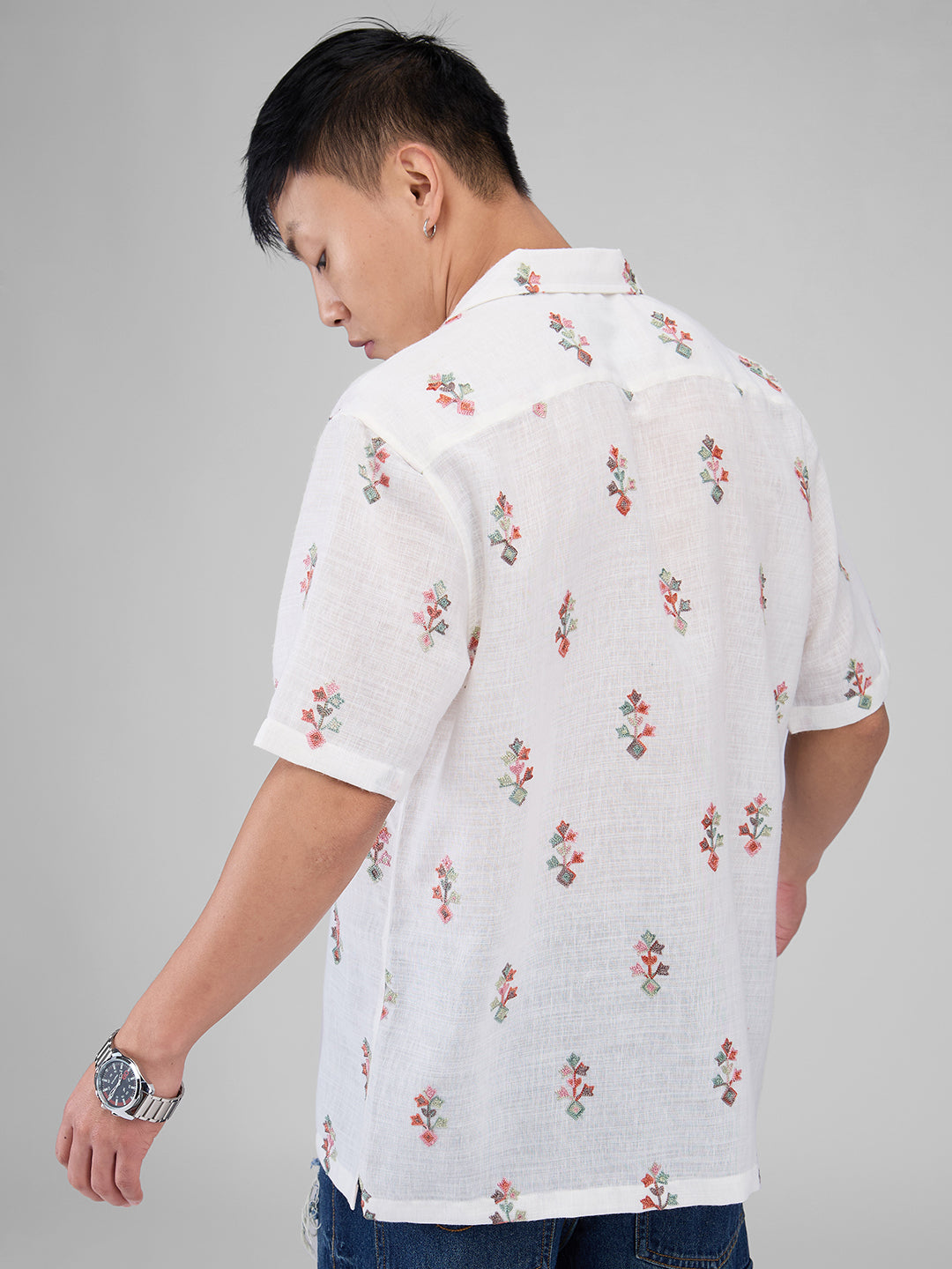 White Embroidered Notch Collar Oversized Shirt