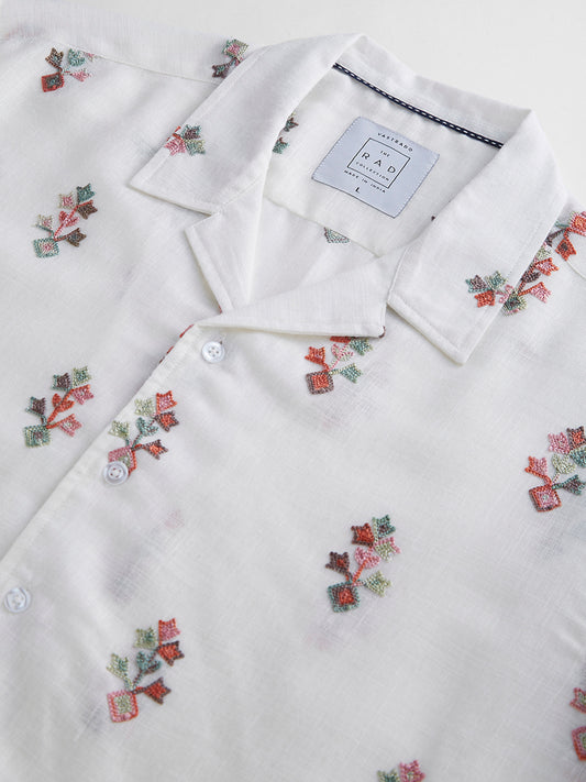 White Embroidered Notch Collar Oversized Shirt