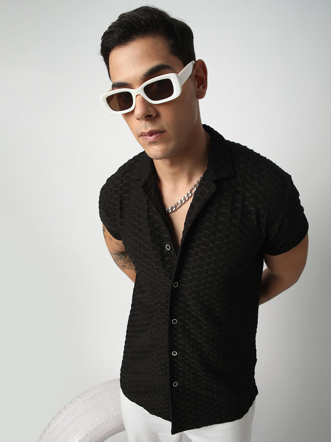 Black Honeycomb Textured Knitted Shirt