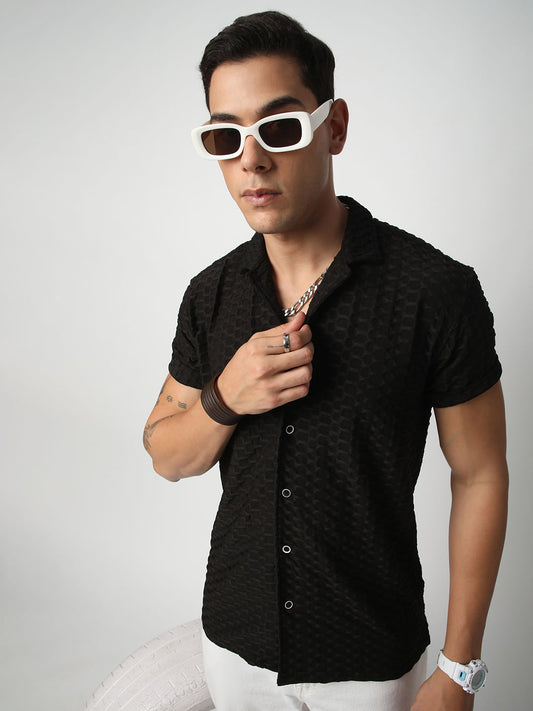 Black Honeycomb Textured Knitted Shirt