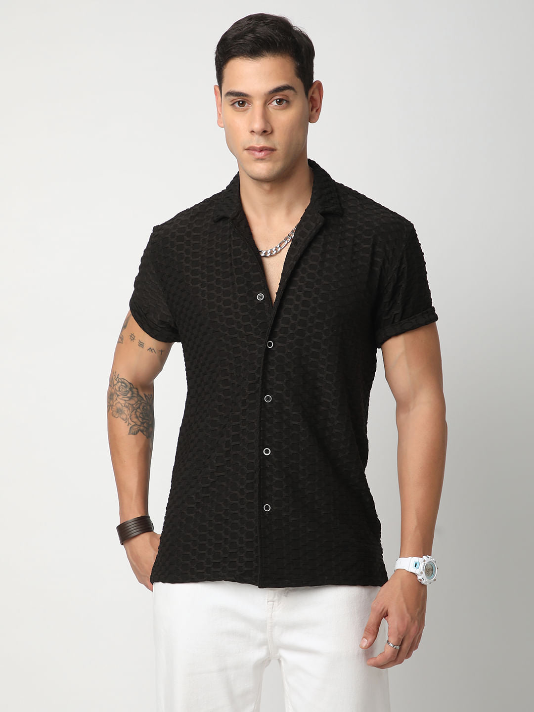 Black Honeycomb Textured Knitted Shirt