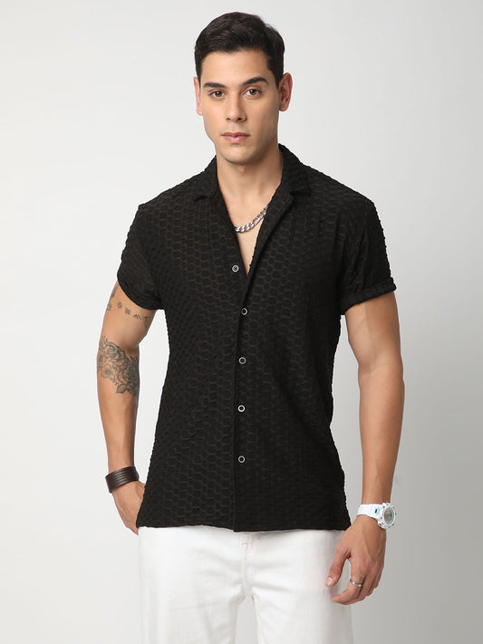 Black Honeycomb Textured Knitted Shirt