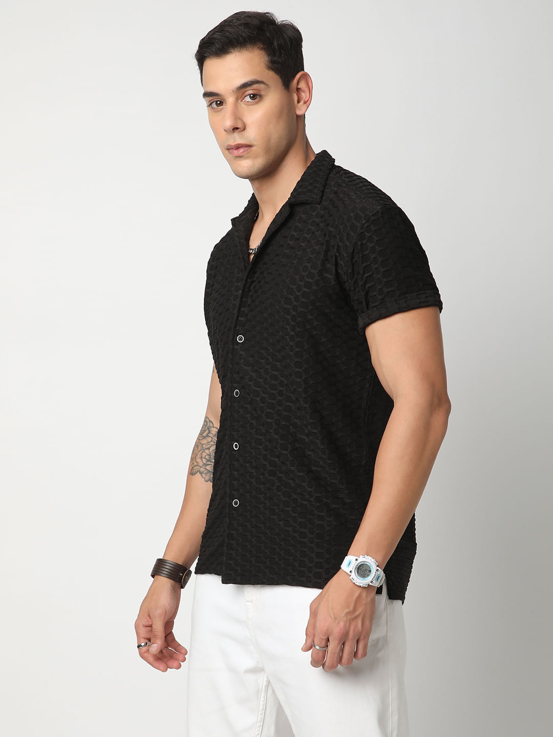 Black Honeycomb Textured Knitted Shirt