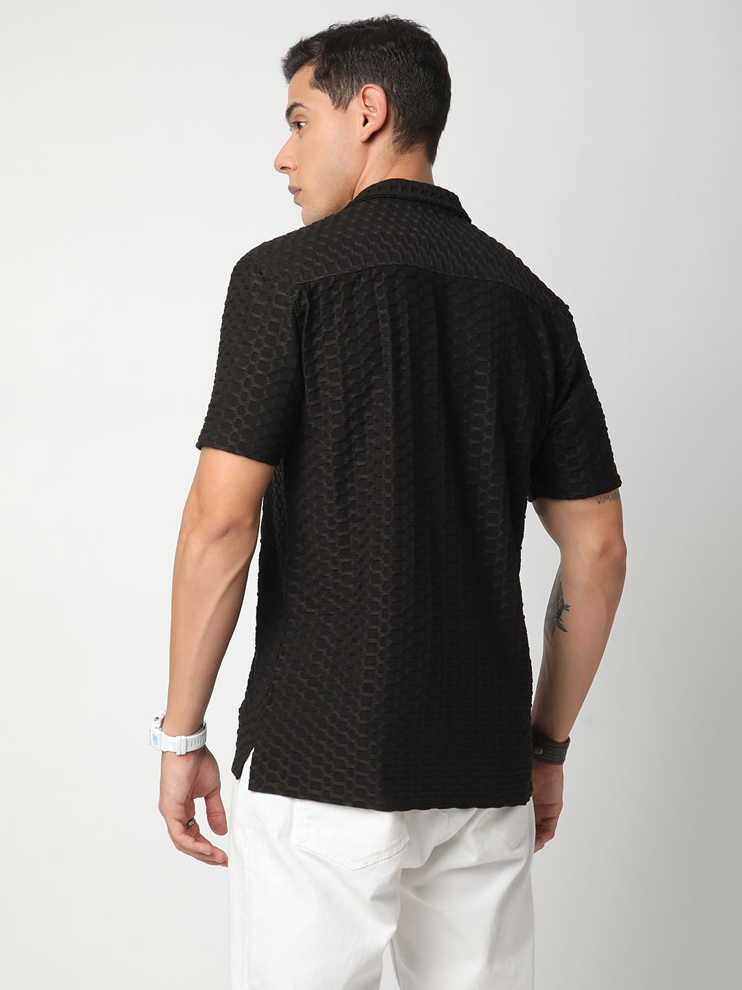Black Honeycomb Textured Knitted Shirt