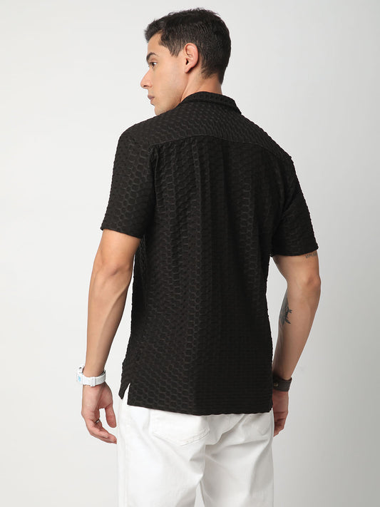 Black Honeycomb Textured Knitted Shirt