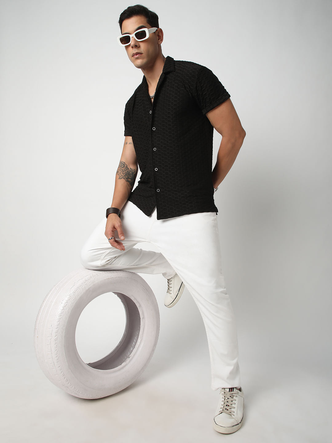 Black Honeycomb Textured Knitted Shirt