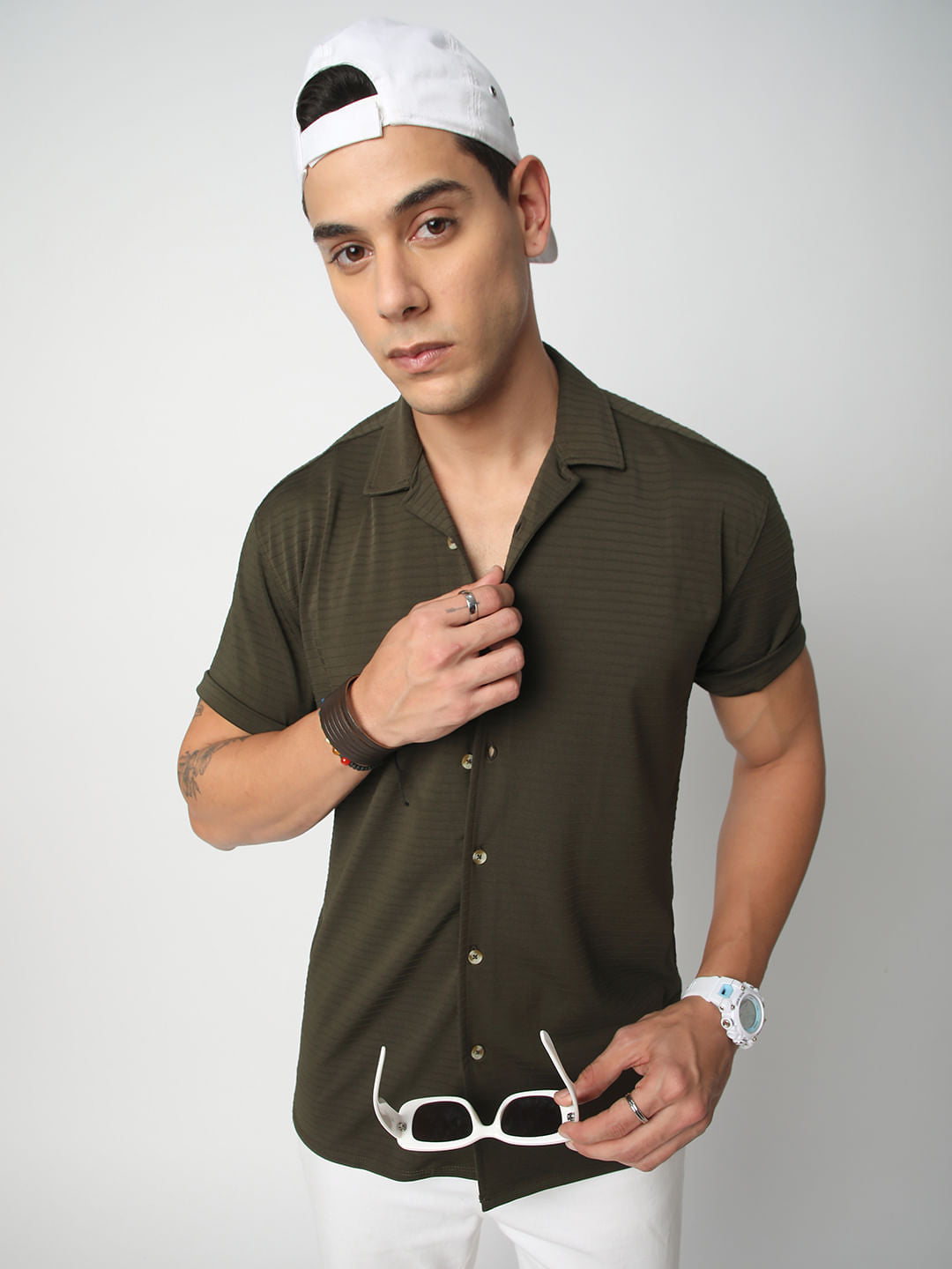 Olive Line Textured Knitted Shirt