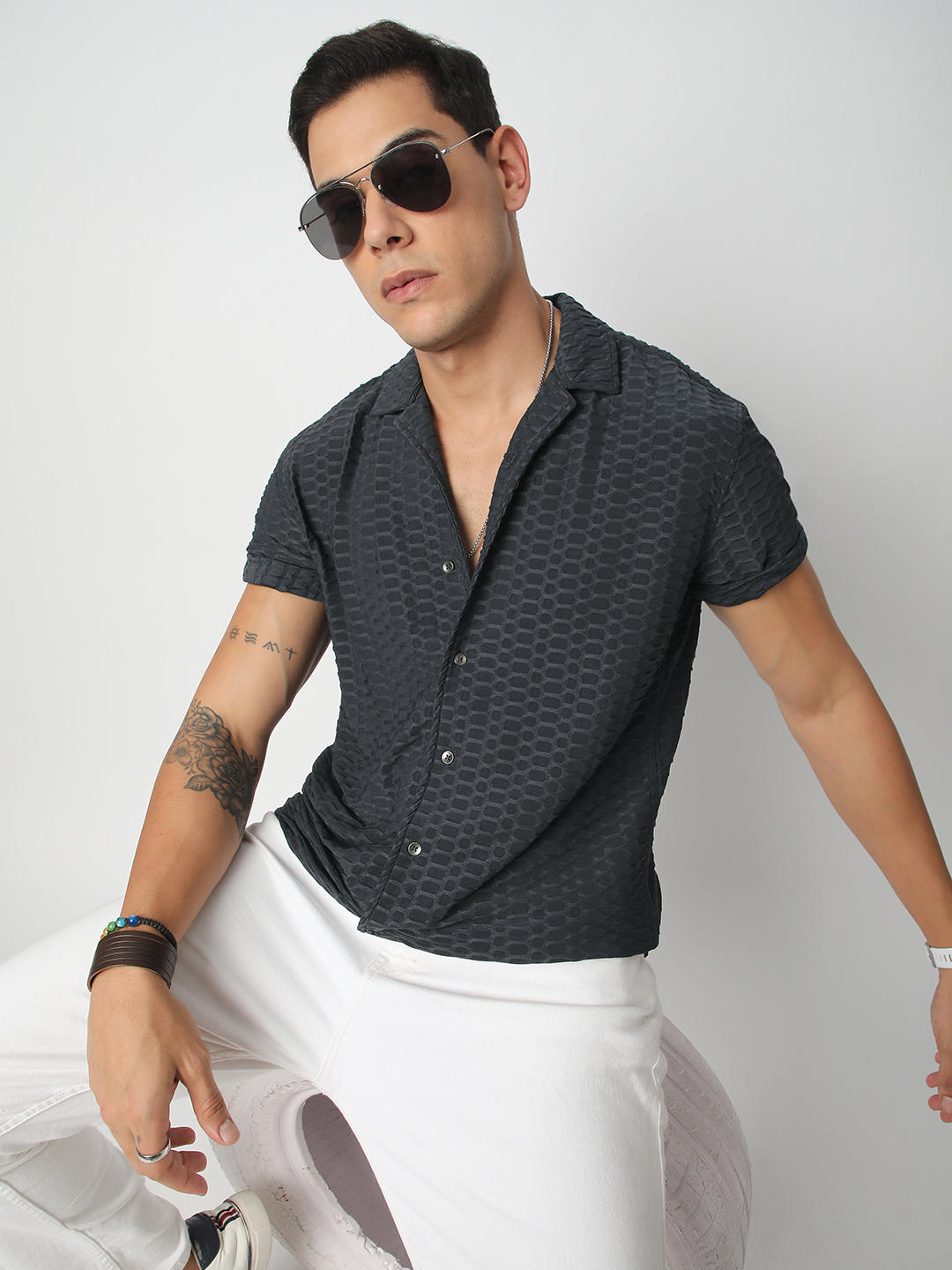 Grey Honeycomb Textured Knitted Shirt