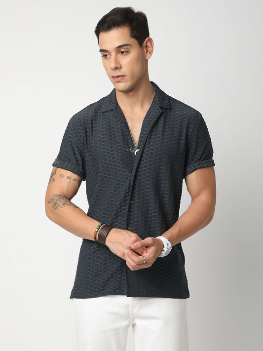 Grey Honeycomb Textured Knitted Shirt