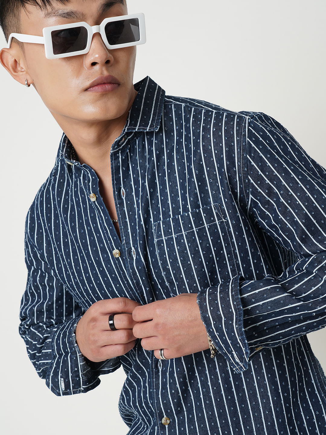 Navy Striped Ditsy Denim Shirt