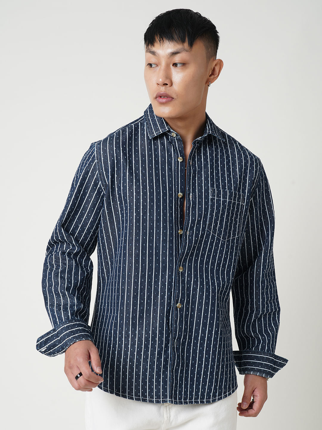 Navy Striped Ditsy Denim Shirt